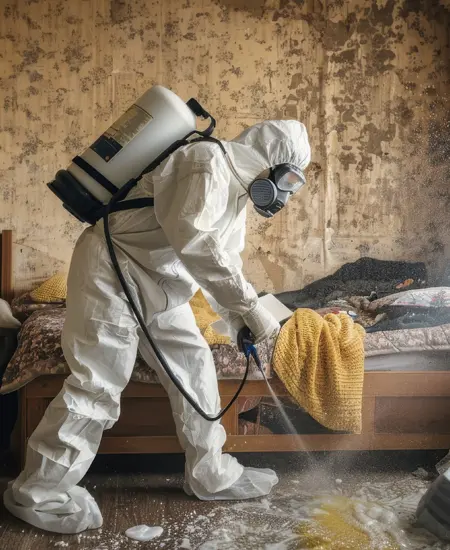 Hazmat worker spraying filthy bedroom with disinfectant