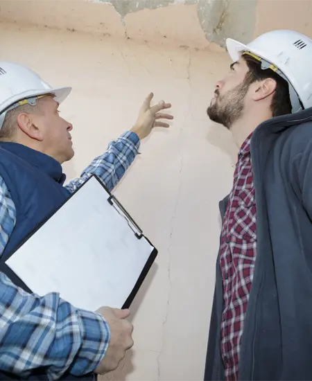 Repair men looking at a cracked wall